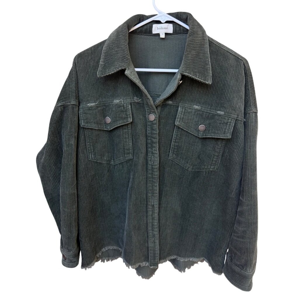 Böhme Olive Corduroy Button-Up Jacket Size Medium cWith Frayed Hem & Pockets